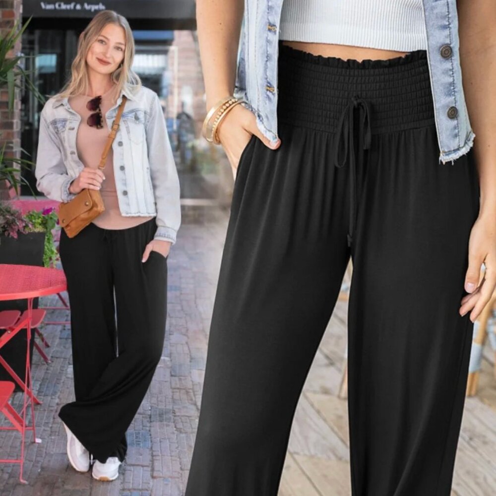 NWT Grace & Lace Smocked Wide Leg Lounge Pants in Black Size XL